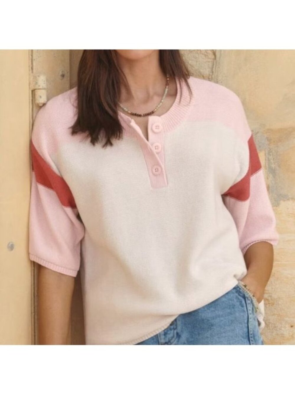Wrap Knit Sweater 4 Small Pink Color Block Wide Sleeve